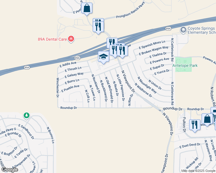 map of restaurants, bars, coffee shops, grocery stores, and more near 6191 North Buckboard Drive in Prescott Valley