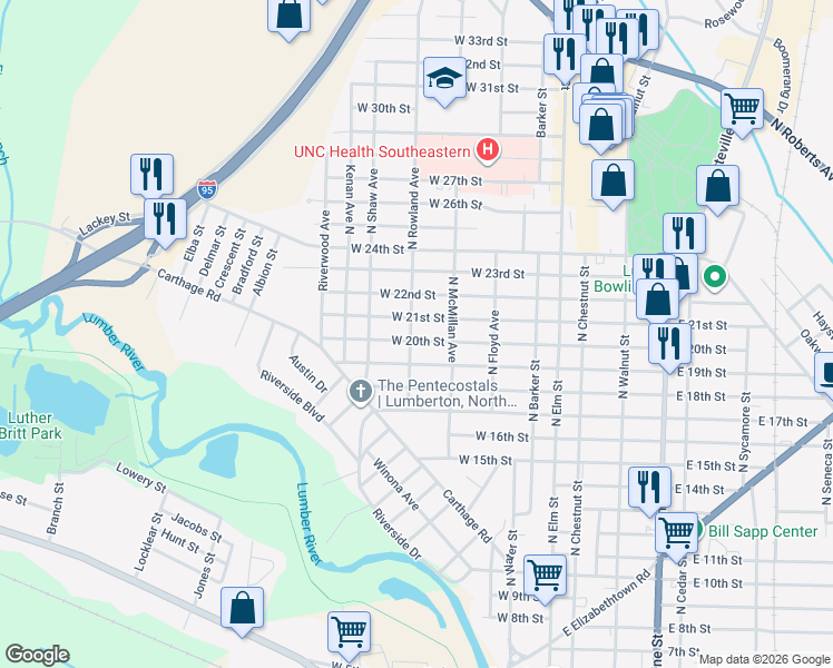 map of restaurants, bars, coffee shops, grocery stores, and more near 2003 North Rowland Avenue in Lumberton
