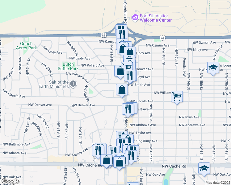 map of restaurants, bars, coffee shops, grocery stores, and more near 2201 Northwest Williams Avenue in Lawton