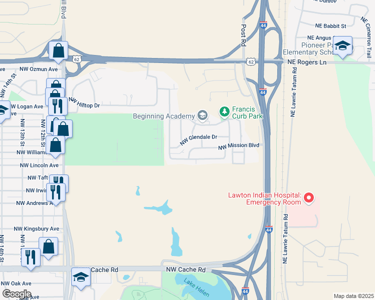 map of restaurants, bars, coffee shops, grocery stores, and more near 513 Northwest Mission Boulevard in Lawton