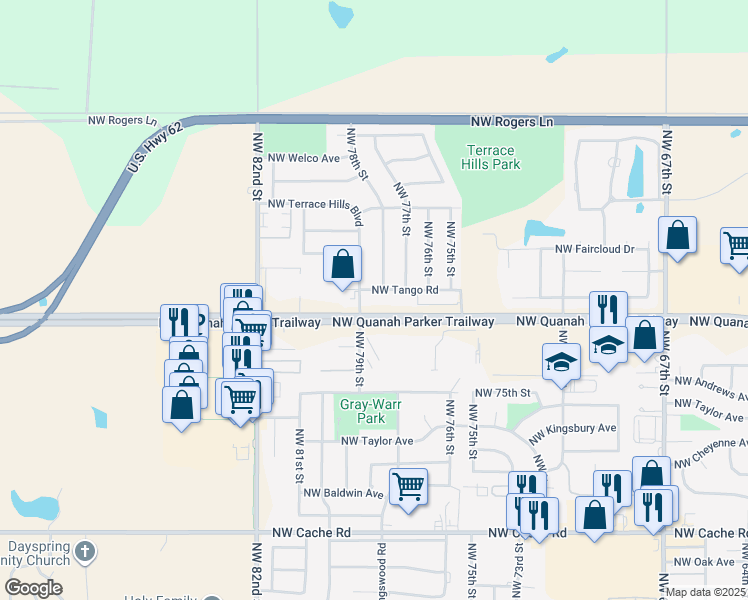map of restaurants, bars, coffee shops, grocery stores, and more near 7510 Northwest Tango Road in Lawton