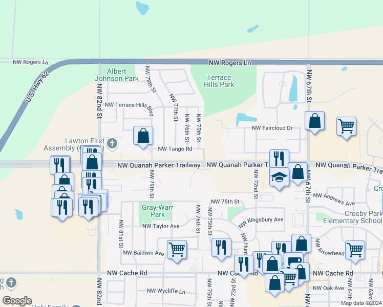 map of restaurants, bars, coffee shops, grocery stores, and more near 2302 Northwest 75th Street in Lawton