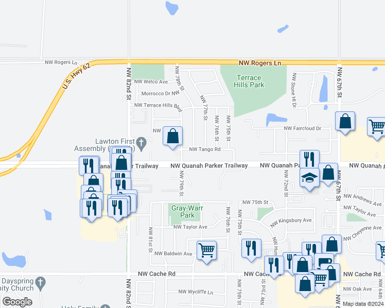 map of restaurants, bars, coffee shops, grocery stores, and more near 7542 Northwest Tango Road in Lawton