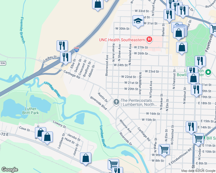 map of restaurants, bars, coffee shops, grocery stores, and more near 703 West 21st Street in Lumberton