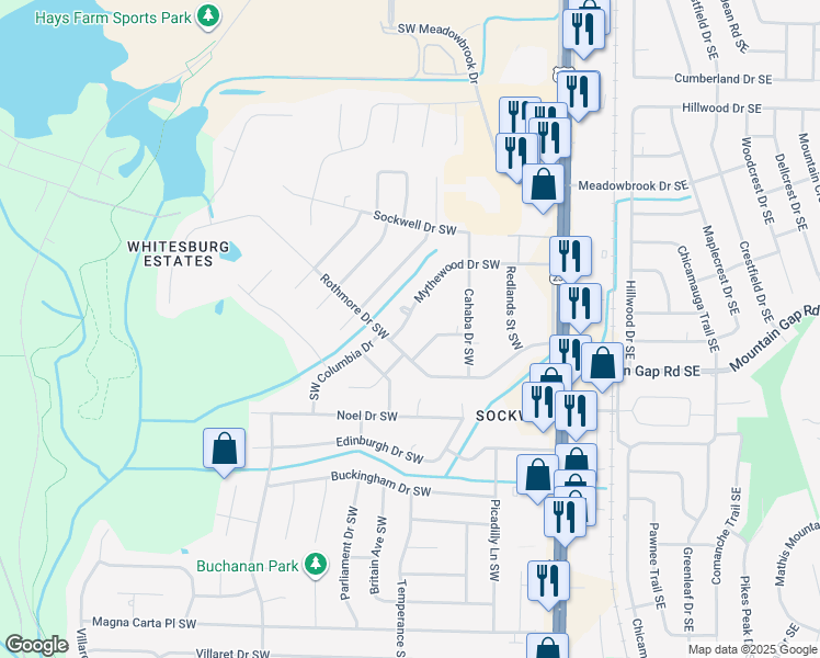 map of restaurants, bars, coffee shops, grocery stores, and more near 2113 Mythewood Drive Southwest in Huntsville
