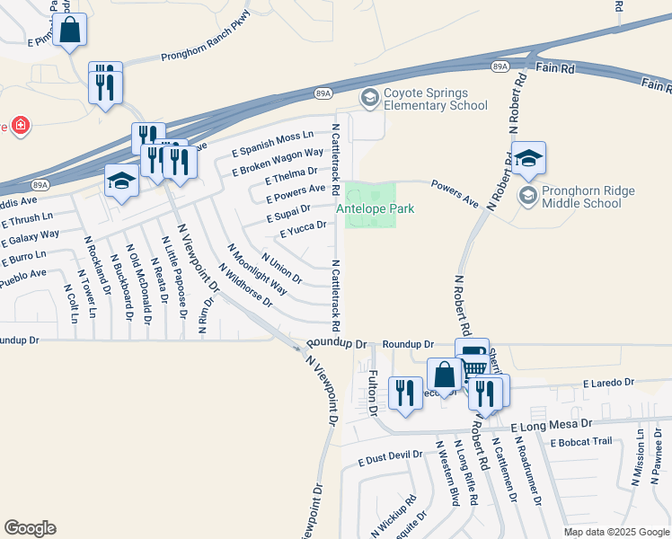map of restaurants, bars, coffee shops, grocery stores, and more near 6217 North Cattletrack Road in Prescott Valley
