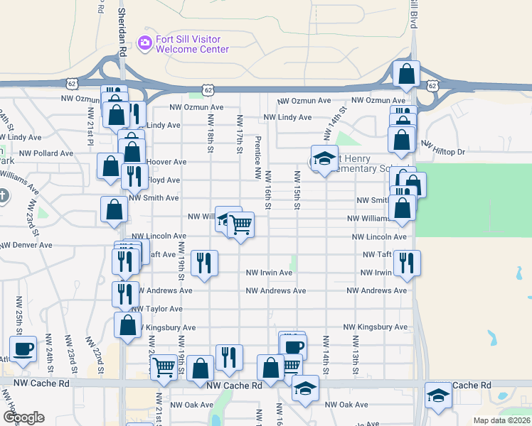 map of restaurants, bars, coffee shops, grocery stores, and more near 1601 Northwest Williams Avenue in Lawton