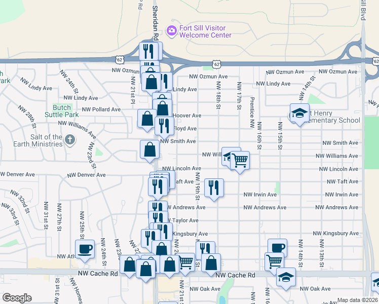 map of restaurants, bars, coffee shops, grocery stores, and more near 1907 Northwest Williams Avenue in Lawton