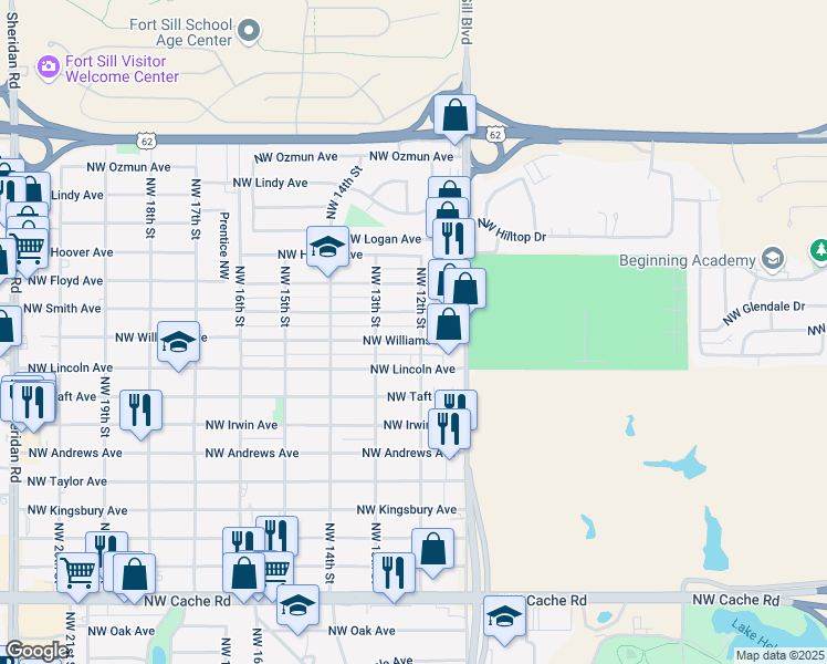 map of restaurants, bars, coffee shops, grocery stores, and more near 1211 Northwest Williams Avenue in Lawton