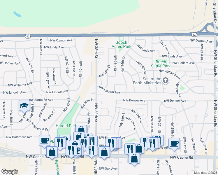 map of restaurants, bars, coffee shops, grocery stores, and more near 2210 Northwest 35th Street in Lawton