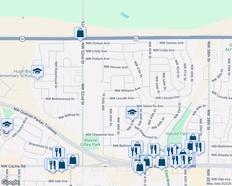 map of restaurants, bars, coffee shops, grocery stores, and more near 4822 Northwest Williams Avenue in Lawton