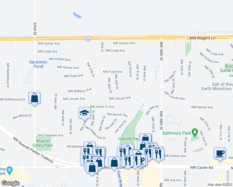 map of restaurants, bars, coffee shops, grocery stores, and more near 4314 Northwest Williams Avenue in Lawton