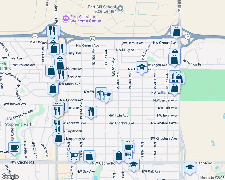 map of restaurants, bars, coffee shops, grocery stores, and more near 1609 Northwest Williams Avenue in Lawton