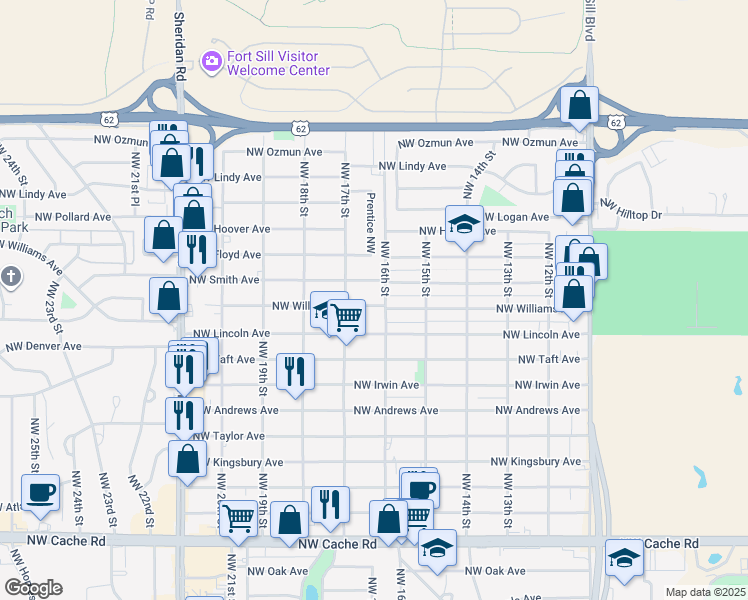 map of restaurants, bars, coffee shops, grocery stores, and more near 1601 Northwest Williams Avenue in Lawton
