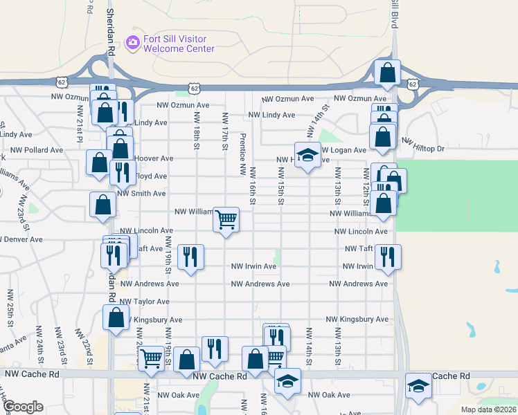 map of restaurants, bars, coffee shops, grocery stores, and more near 1601 Northwest Williams Avenue in Lawton