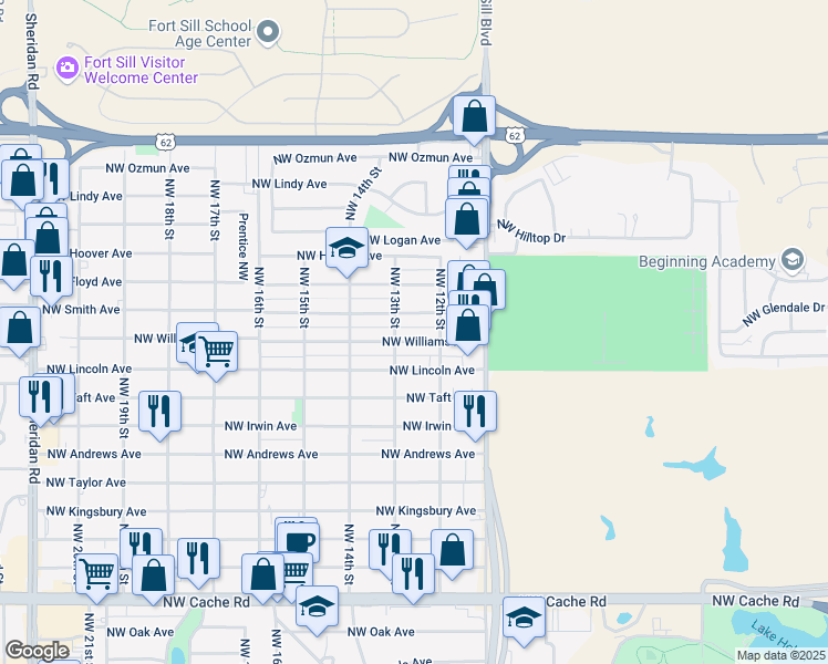 map of restaurants, bars, coffee shops, grocery stores, and more near 1211 Northwest Williams Avenue in Lawton