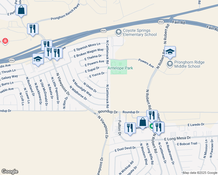 map of restaurants, bars, coffee shops, grocery stores, and more near 6217 North Cattletrack Road in Prescott Valley