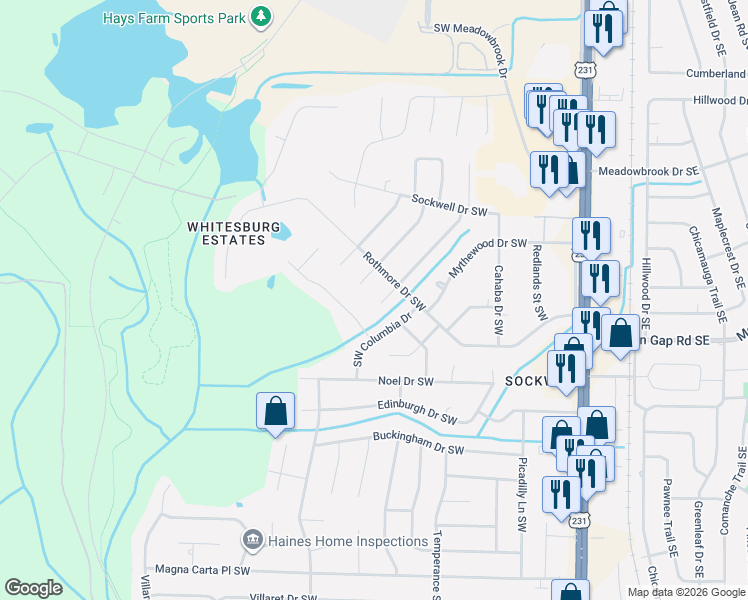 map of restaurants, bars, coffee shops, grocery stores, and more near 2202 Shannonhouse Road Southwest in Huntsville