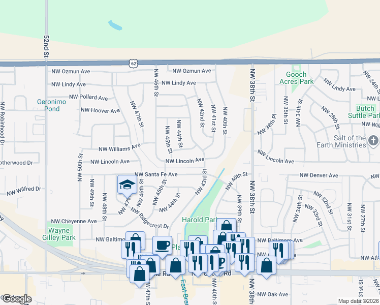 map of restaurants, bars, coffee shops, grocery stores, and more near 4306 Northwest Williams Avenue in Lawton