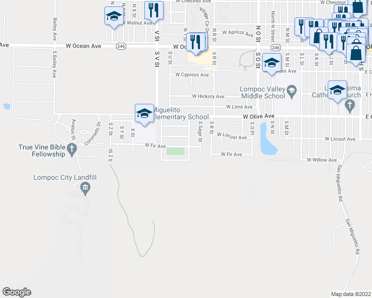 map of restaurants, bars, coffee shops, grocery stores, and more near 513 South T Street in Lompoc