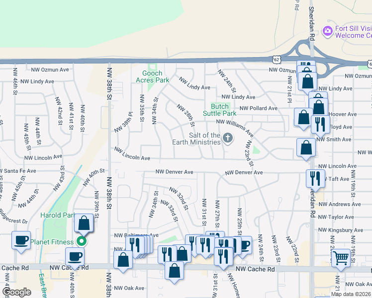 map of restaurants, bars, coffee shops, grocery stores, and more near 2310 NW 30th St in Lawton