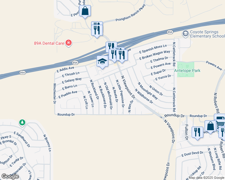 map of restaurants, bars, coffee shops, grocery stores, and more near 6184 North Reata Drive in Prescott Valley
