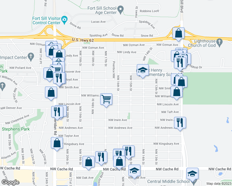 map of restaurants, bars, coffee shops, grocery stores, and more near 1603 Northwest Williams Avenue in Lawton