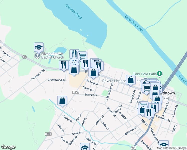 map of restaurants, bars, coffee shops, grocery stores, and more near 1101 West Broad Street in Elizabethtown