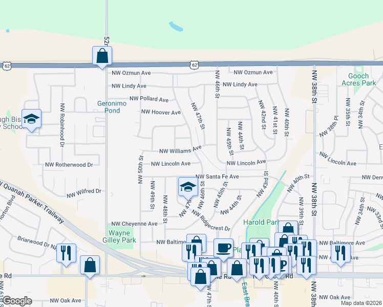 map of restaurants, bars, coffee shops, grocery stores, and more near 2117 Northwest Austin Drive in Lawton