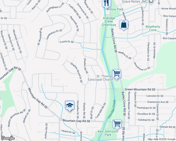 map of restaurants, bars, coffee shops, grocery stores, and more near 10013 Shades Road Southeast in Huntsville