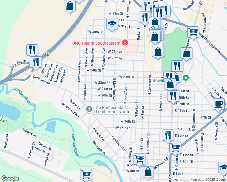 map of restaurants, bars, coffee shops, grocery stores, and more near 401 West 21st Street in Lumberton