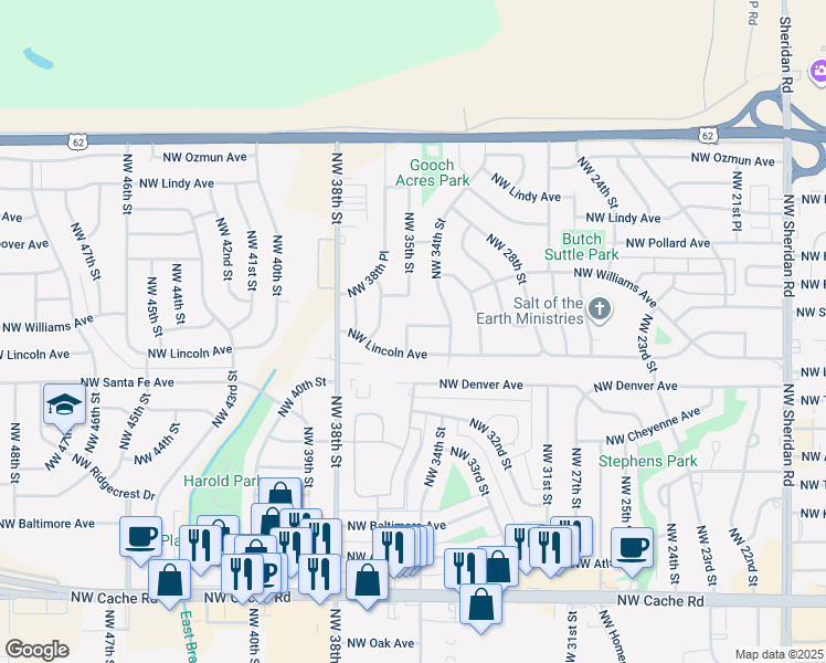 map of restaurants, bars, coffee shops, grocery stores, and more near 3416 Northwest Williams Avenue in Lawton