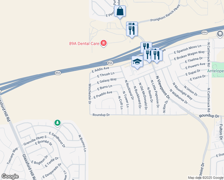 map of restaurants, bars, coffee shops, grocery stores, and more near 6221 North Colt Lane in Prescott Valley