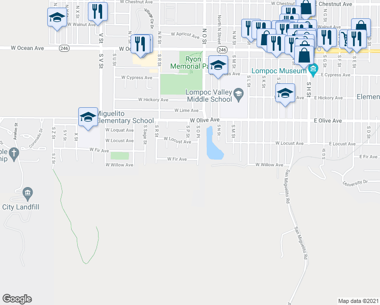 map of restaurants, bars, coffee shops, grocery stores, and more near 512 South P Street in Lompoc