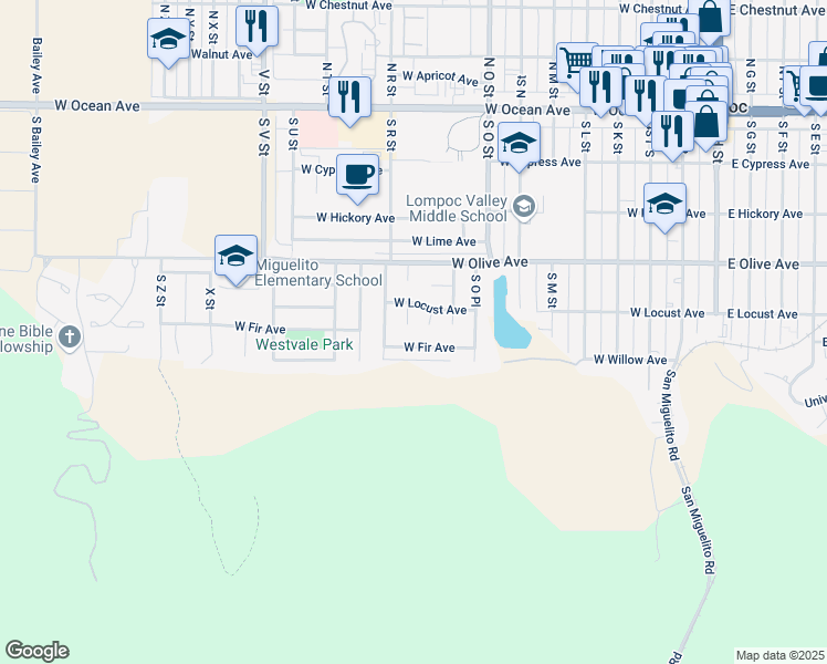 map of restaurants, bars, coffee shops, grocery stores, and more near 509 South Dahlia Court in Lompoc