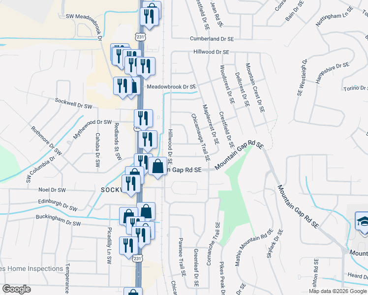 map of restaurants, bars, coffee shops, grocery stores, and more near 305 Mockingbird Road Southeast in Huntsville
