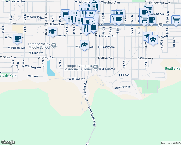 map of restaurants, bars, coffee shops, grocery stores, and more near 512 South I Street in Lompoc