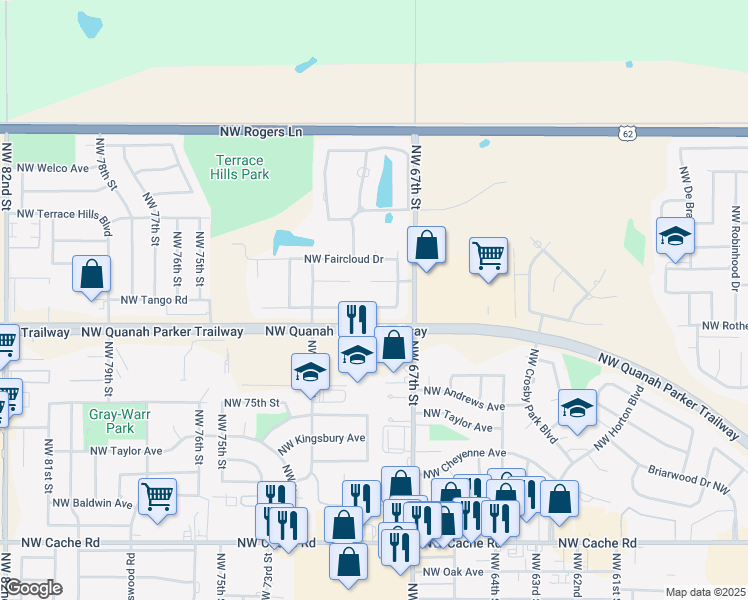 map of restaurants, bars, coffee shops, grocery stores, and more near 6807 Northwest Crestwood Drive in Lawton