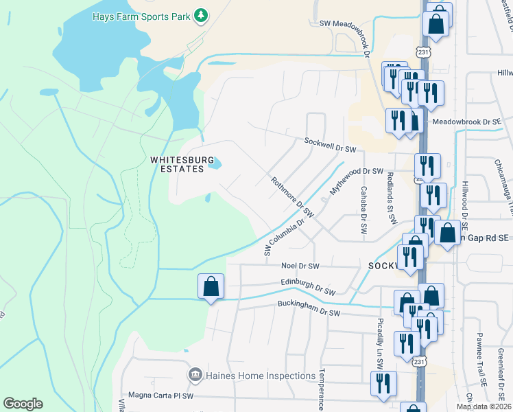 map of restaurants, bars, coffee shops, grocery stores, and more near 2408 Southwest Tamera Drive in Huntsville
