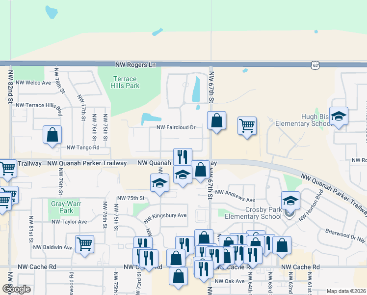 map of restaurants, bars, coffee shops, grocery stores, and more near 6807 Northwest Crestwood Drive in Lawton