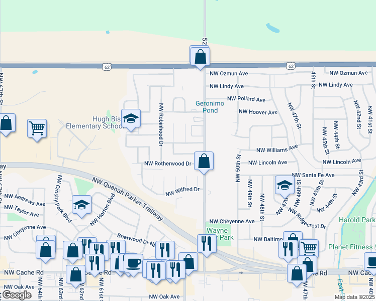 map of restaurants, bars, coffee shops, grocery stores, and more near 2319 Northwest Dunstan Lane in Lawton