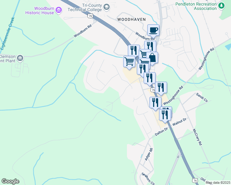 map of restaurants, bars, coffee shops, grocery stores, and more near 200 Woody Road in Pendleton