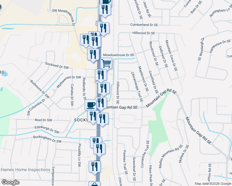 map of restaurants, bars, coffee shops, grocery stores, and more near 11414 Hillwood Drive Southeast in Huntsville