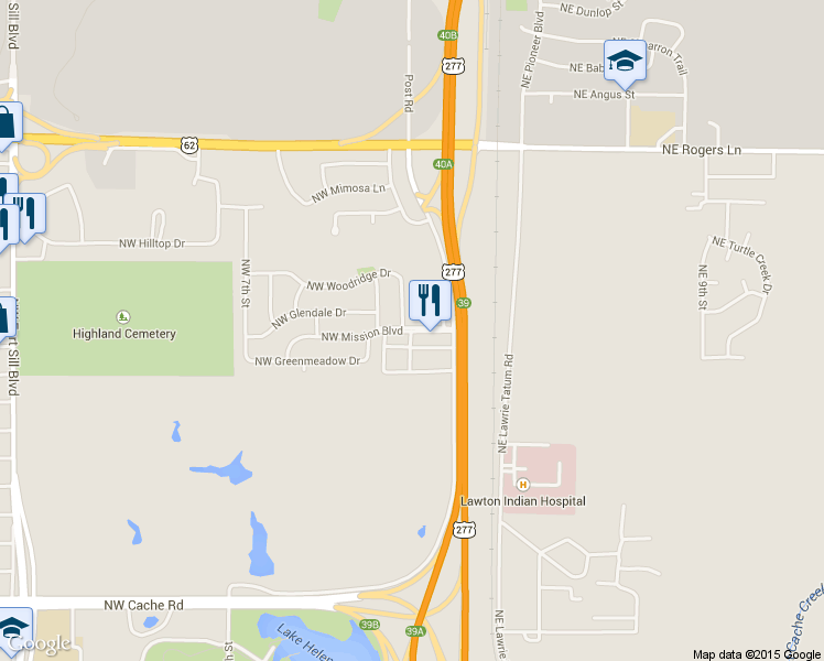 map of restaurants, bars, coffee shops, grocery stores, and more near 281 Northwest Mission Boulevard in Lawton