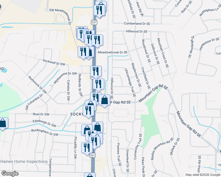 map of restaurants, bars, coffee shops, grocery stores, and more near 11414 Hillwood Drive Southeast in Huntsville