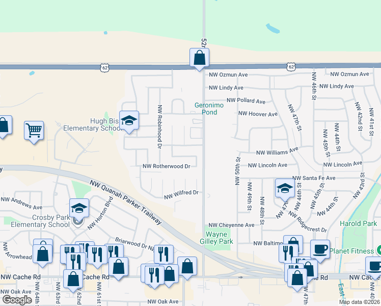 map of restaurants, bars, coffee shops, grocery stores, and more near 2319 Northwest Dunstan Lane in Lawton