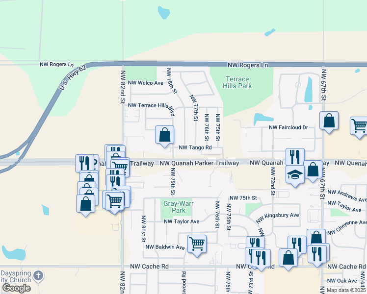 map of restaurants, bars, coffee shops, grocery stores, and more near 7542 Northwest Tango Road in Lawton
