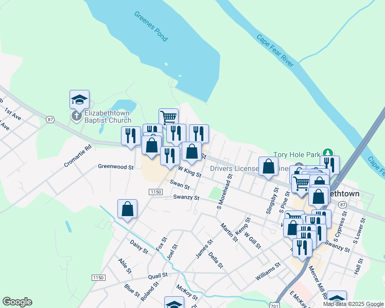 map of restaurants, bars, coffee shops, grocery stores, and more near 1101 West Broad Street in Elizabethtown