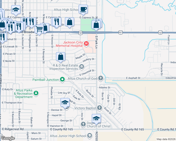 map of restaurants, bars, coffee shops, grocery stores, and more near 1145 East Chestnut Street in Altus