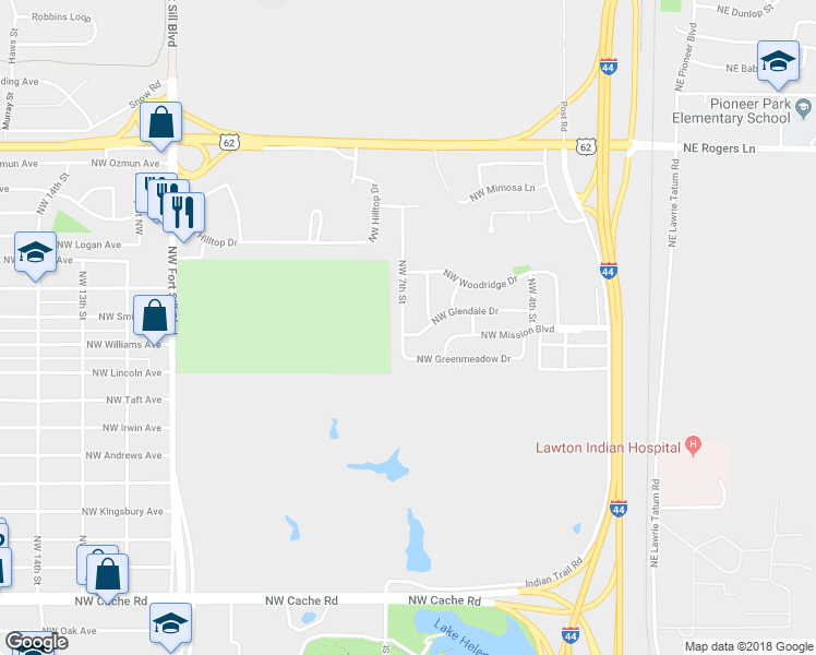 map of restaurants, bars, coffee shops, grocery stores, and more near 609 Northwest Glendale Drive in Lawton